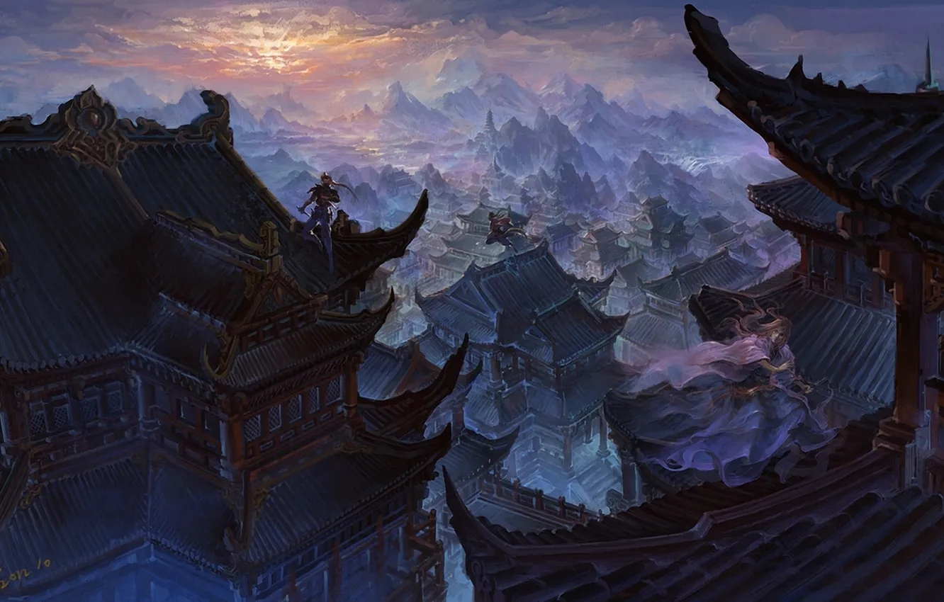 Photo wallpaper girl, sunset, mountains, the city, jump, Asia, building, art