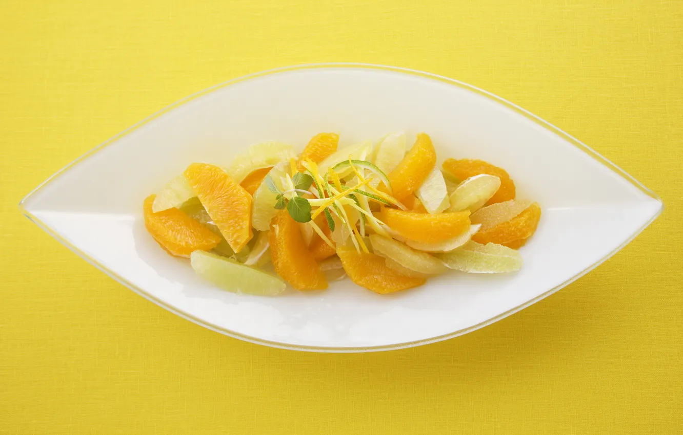 Photo wallpaper lemon, orange, food, lime, form, yellow background, dessert, salad. plate
