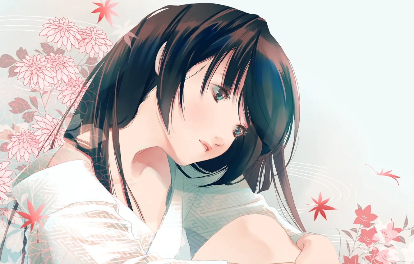 Photo wallpaper leaves, girl, flowers, Fuuchouin Kazuki