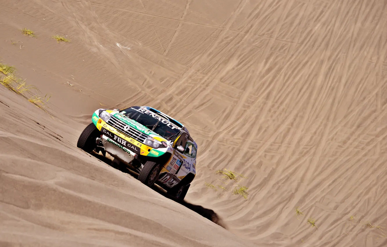 Photo wallpaper Sand, Auto, Sport, Traces, Race, Renault, Lights, Dakar