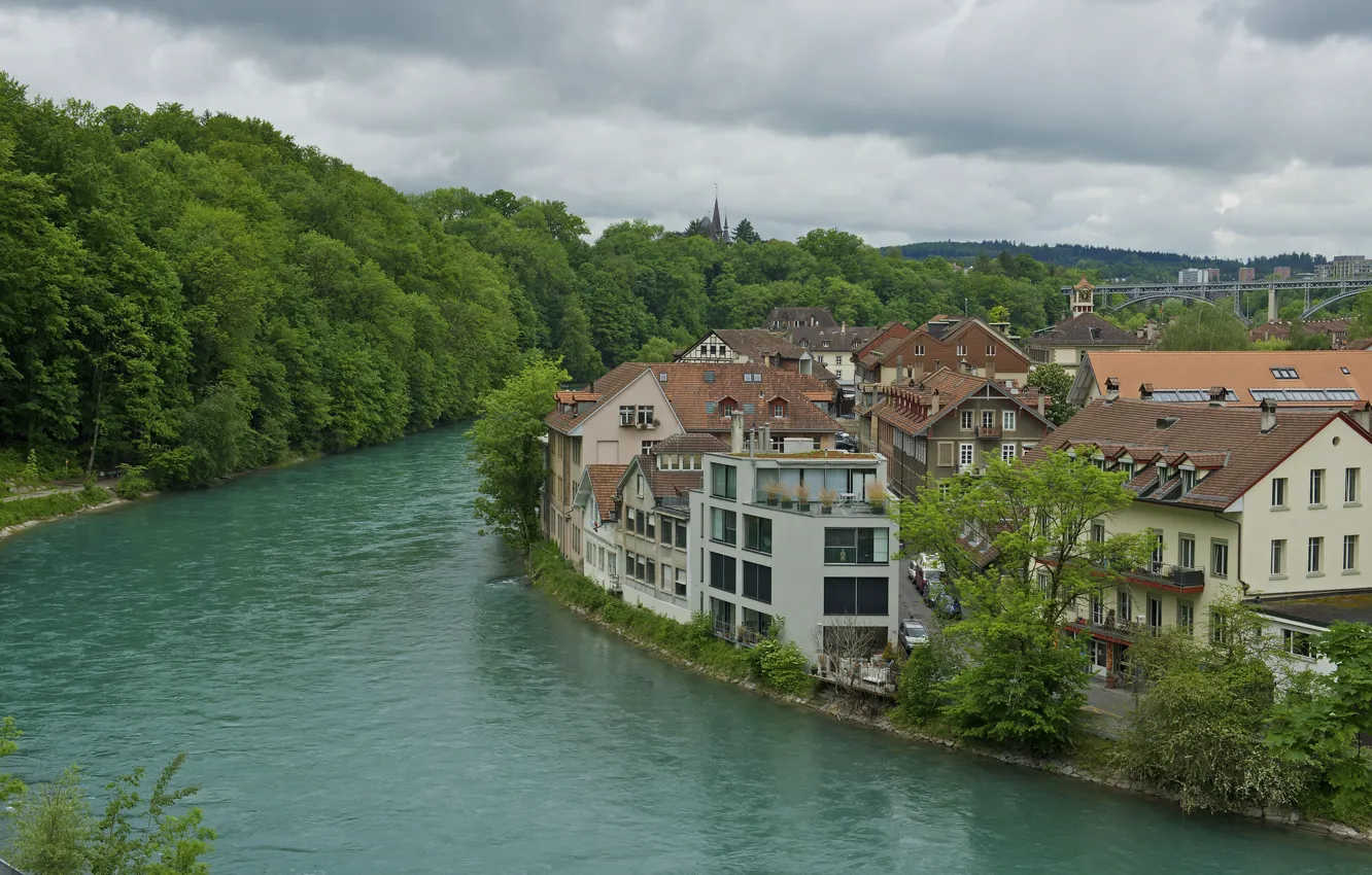 Photo wallpaper the sky, trees, river, home, Switzerland, Bern