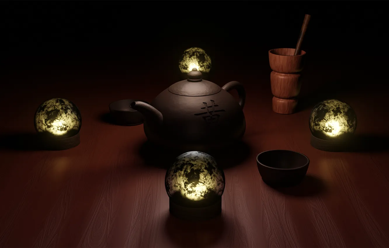 Photo wallpaper light, lights, tea, glow, texture, set, tea ceremony, porcelain