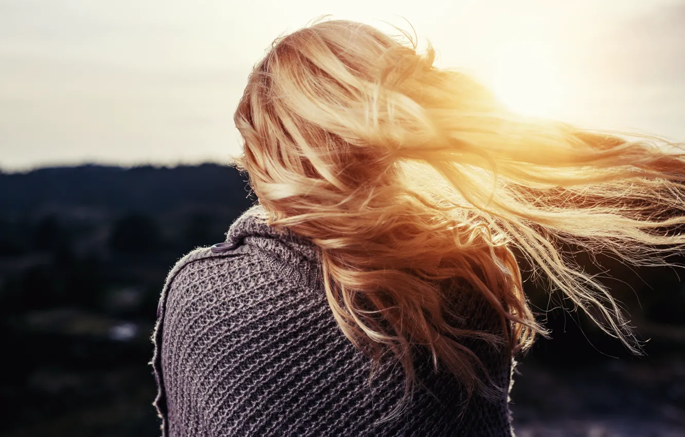 Photo wallpaper girl, sunset, the wind, hair, blonde, curls