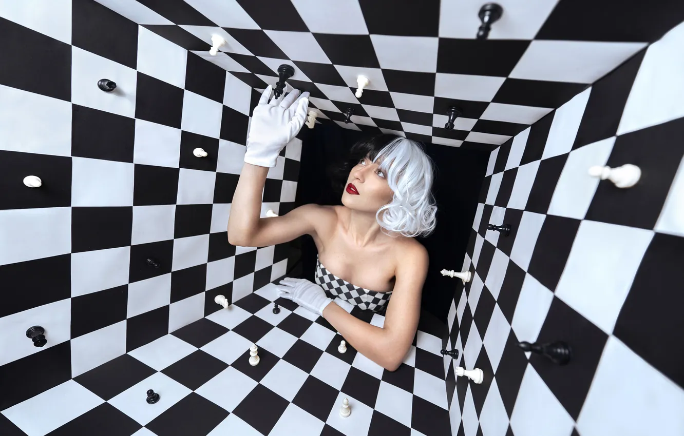 Photo wallpaper look, girl, face, space, pose, style, makeup, chess