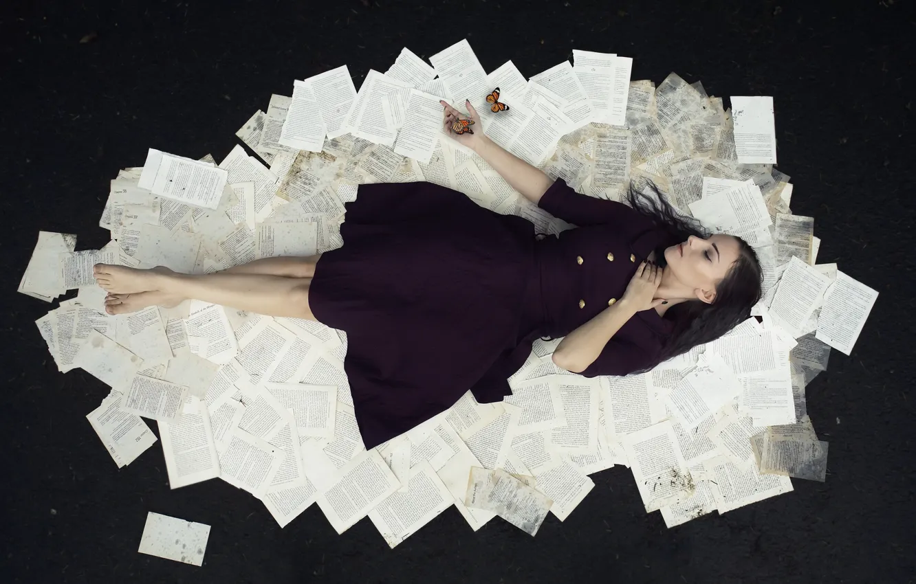 Photo wallpaper girl, butterfly, page