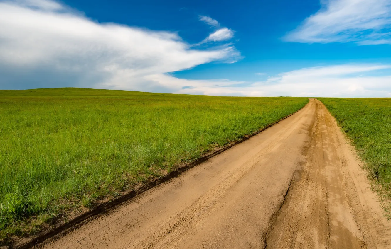 Photo wallpaper road, sand, greens, field, summer, the sky, grass, clouds