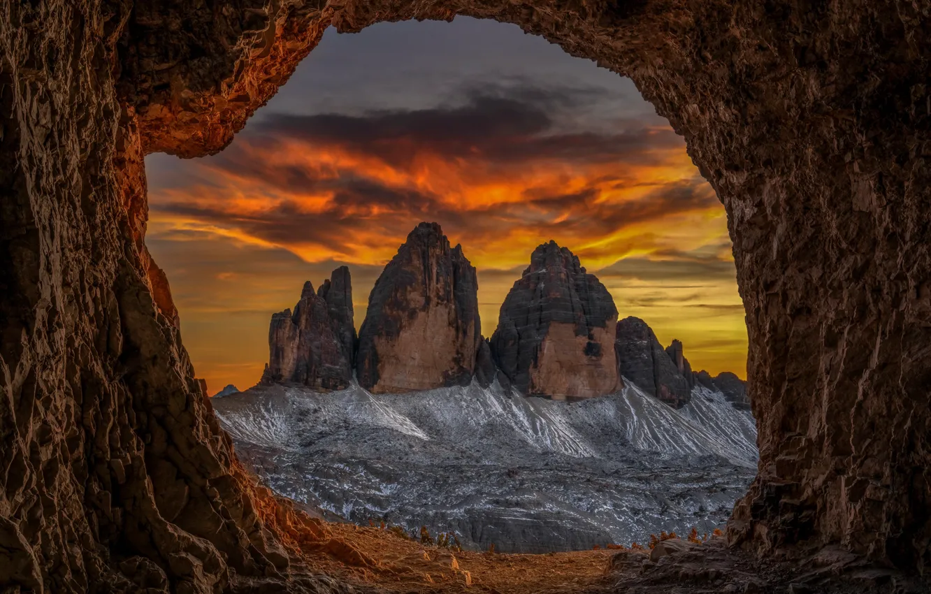 Photo wallpaper landscape, sunset, mountains, nature, Italy, cave, The three Peaks of Lavaredo, The Dolomites