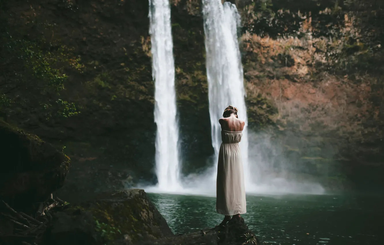 Photo wallpaper girl, waterfall, Then you fall, First you feel
