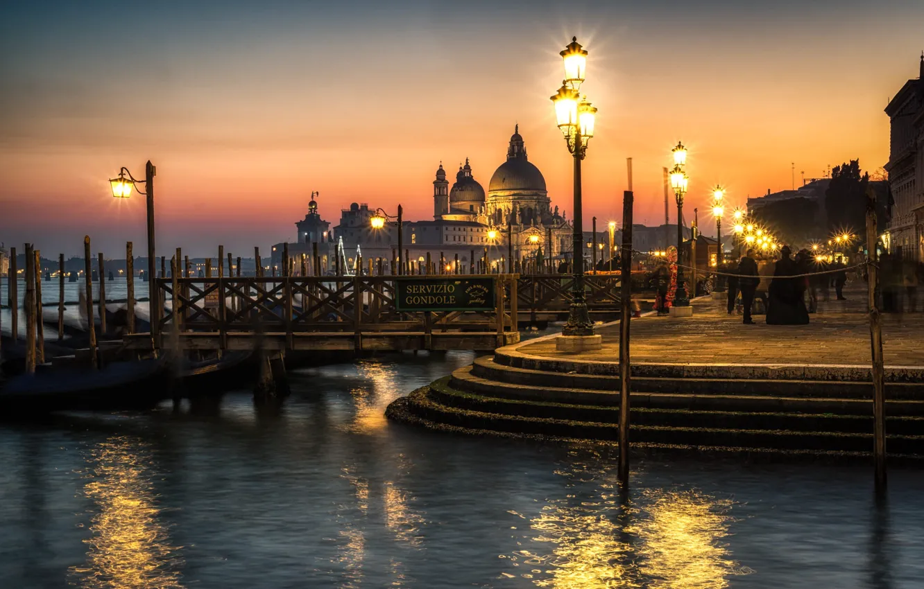 Photo wallpaper water, the city, the evening, lighting, lights, Italy, Venice, Cathedral