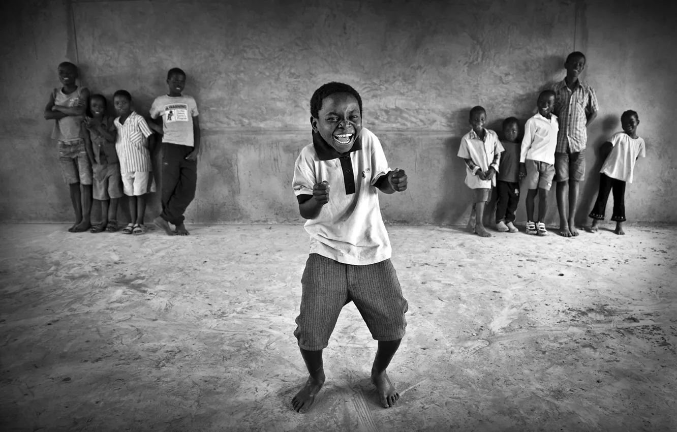 Photo wallpaper children, smile, feet, laughter, dance, barefoot, b/W, black