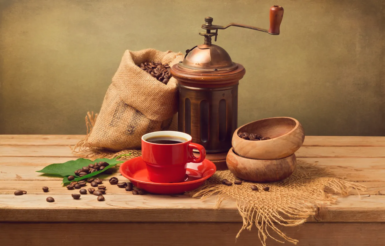 Photo wallpaper leaves, red, coffee, grain, Cup, saucer, pouch, coffee grinder