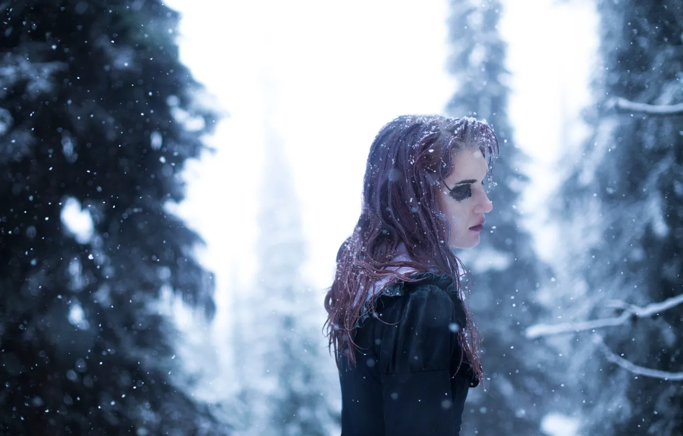 Photo wallpaper cold, forest, girl, snow