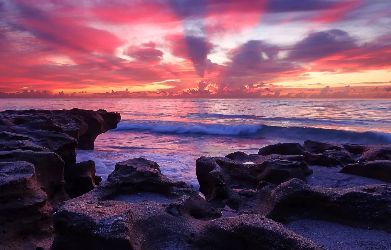 Photo wallpaper sea, the sky, clouds, sunset, stones