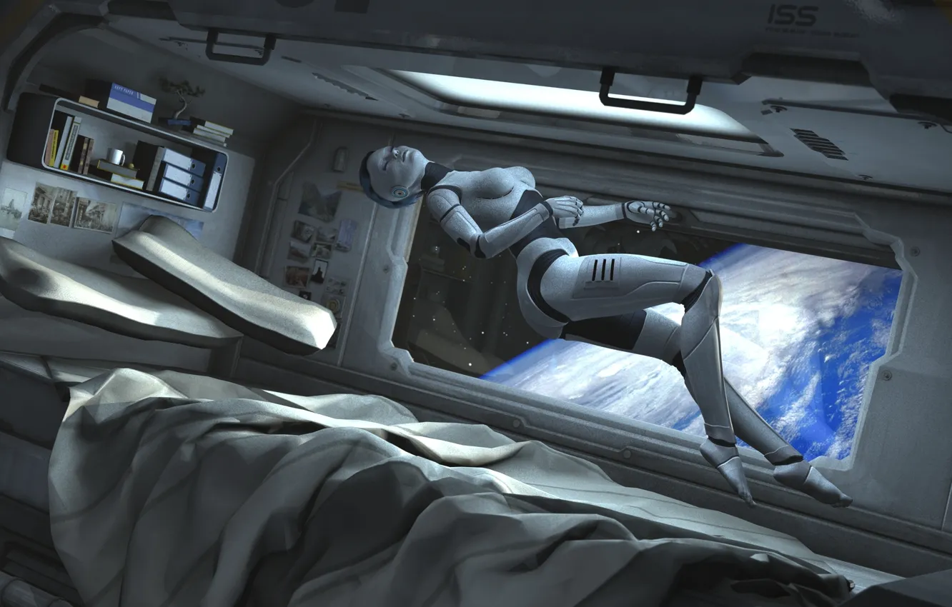 Photo wallpaper space, fiction, earth, robot, bed, gravity, cyborg, spaceship
