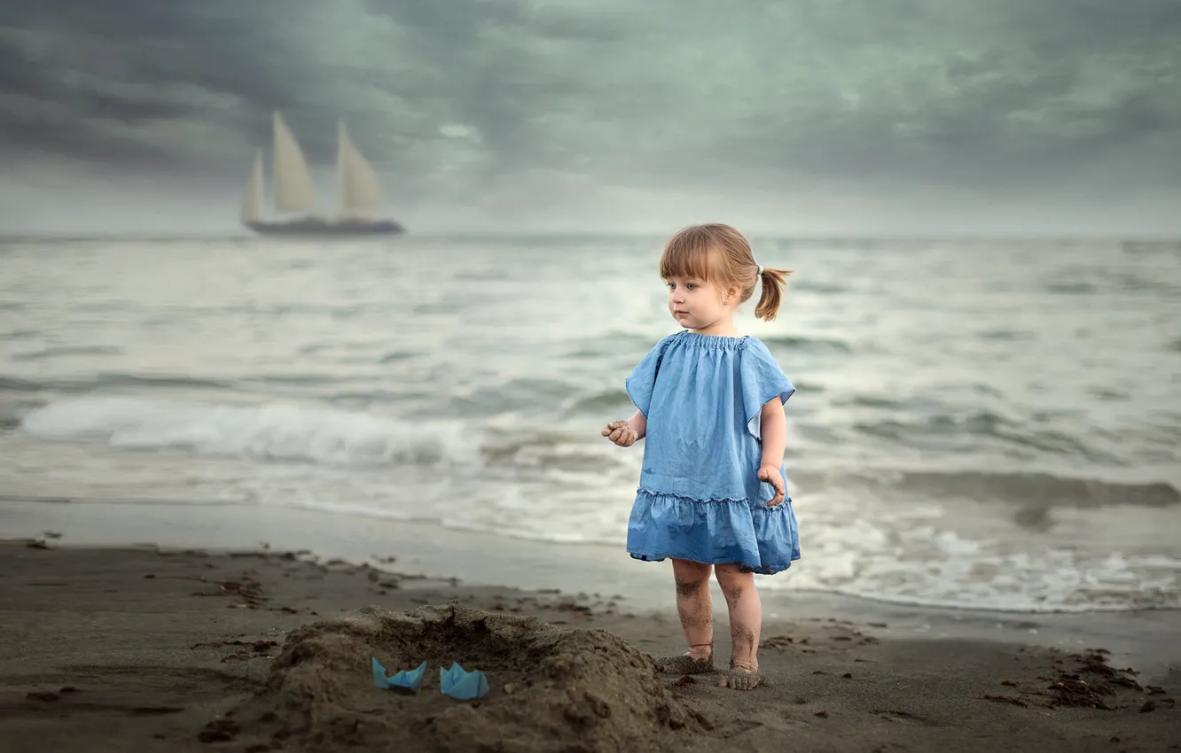 Photo wallpaper sand, shore, sailboat, girl, The young lady and the sea