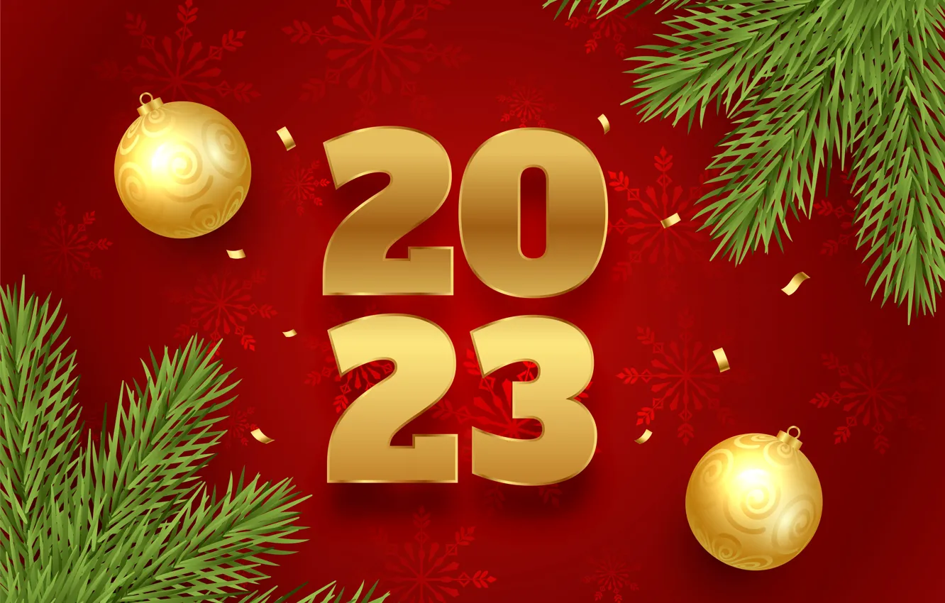Photo wallpaper balls, snowflakes, branches, new year, figures, gold, gold plated, needles