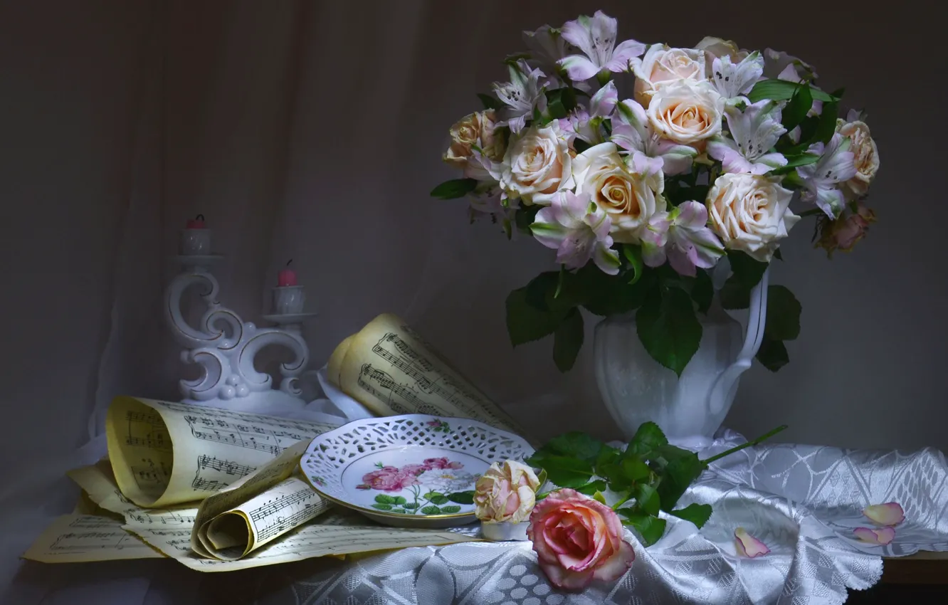 Photo wallpaper flowers, style, notes, roses, bouquet, candles, plate, tablecloth