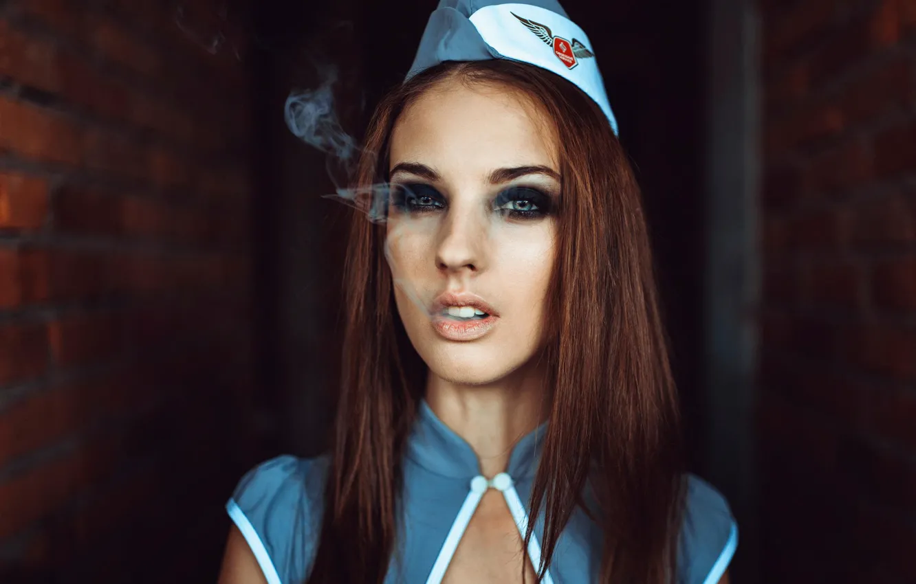 Photo wallpaper portrait, makeup, smoke, uniform, garrison cap