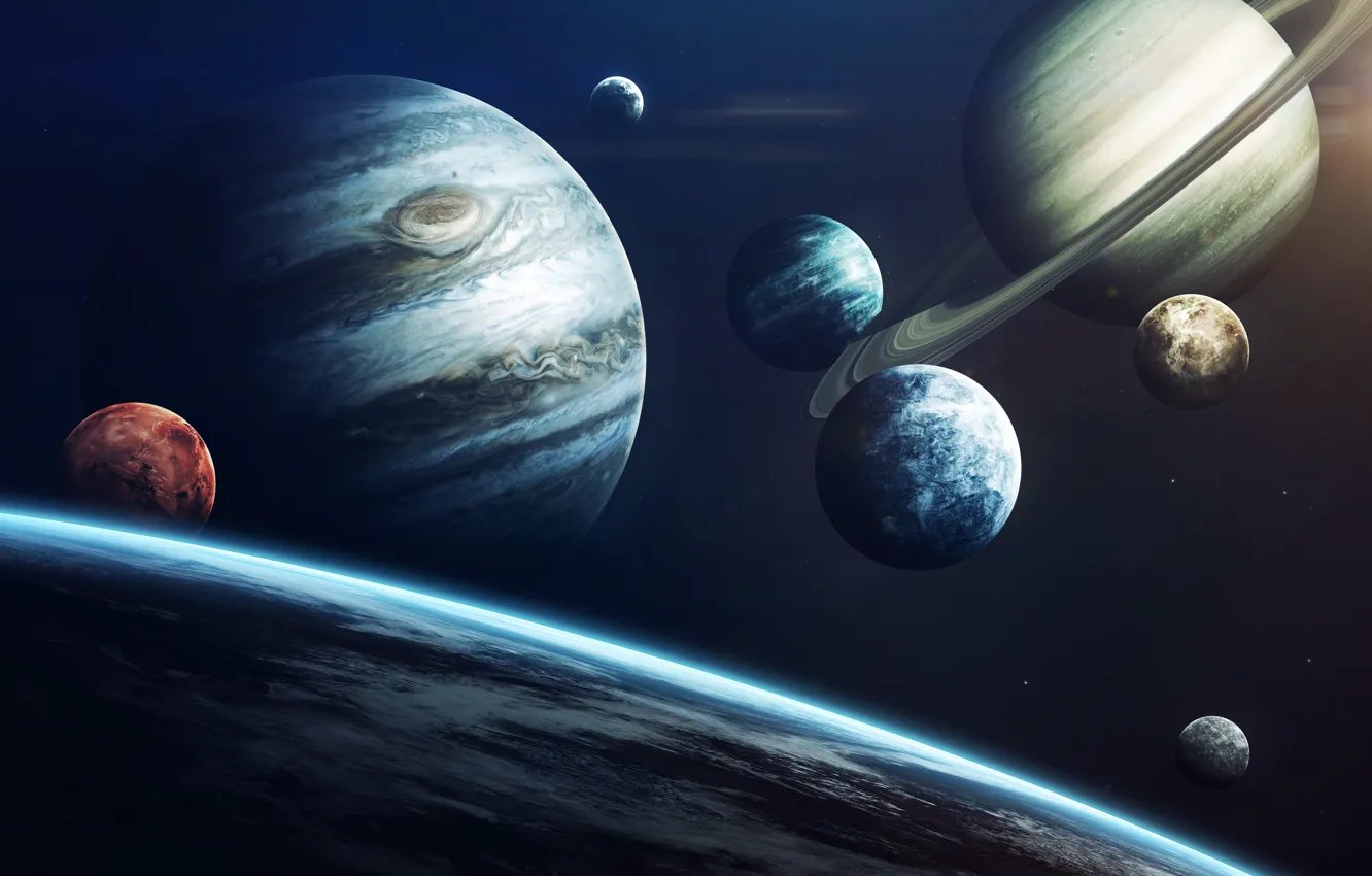 Photo wallpaper Saturn, The moon, Space, Earth, Planet, Moon, Mars, Jupiter