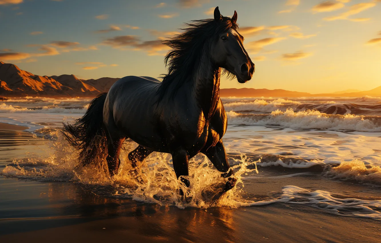 Photo wallpaper sea, wave, look, face, water, light, sunset, squirt