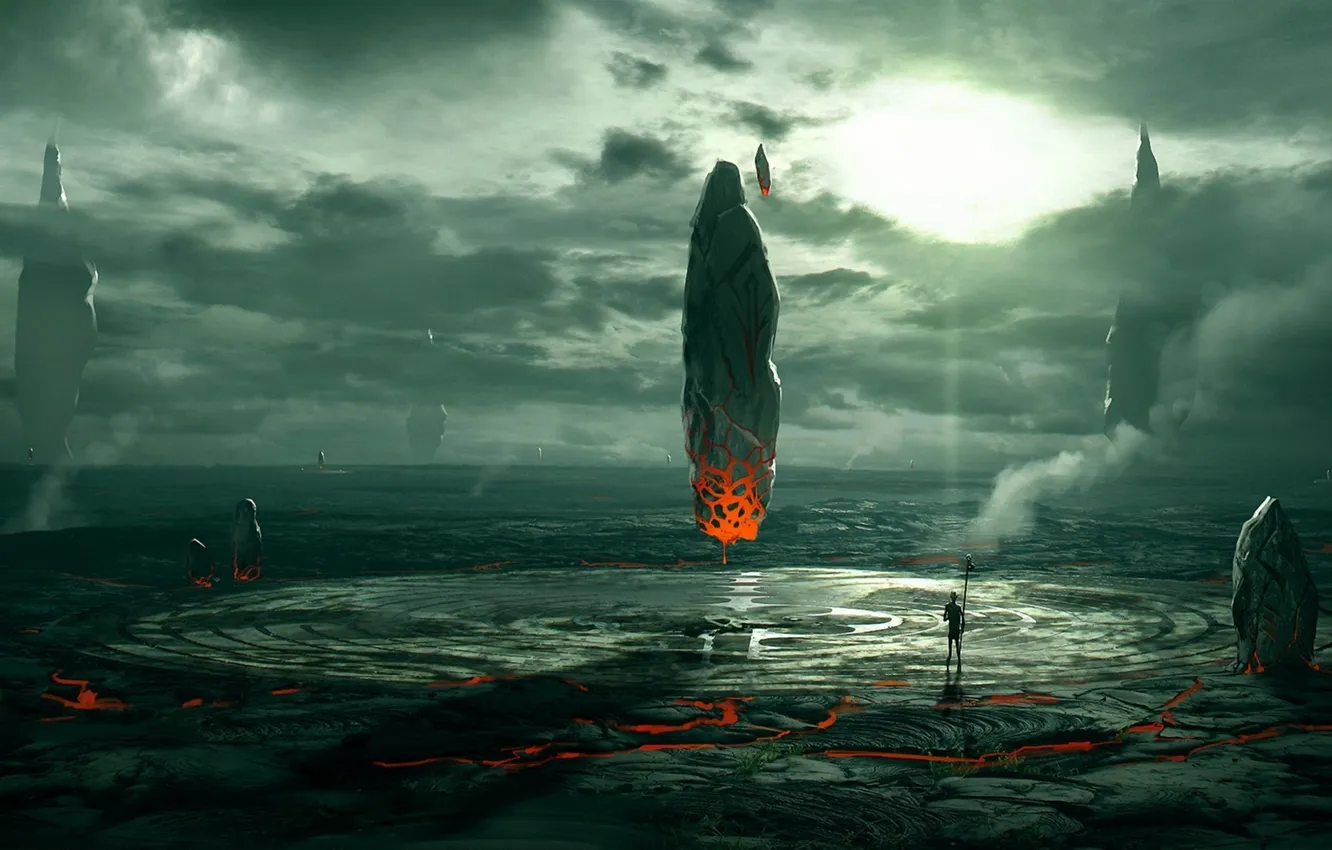 Photo wallpaper circles, cracked, stones, rocks, people, valley, art, staff