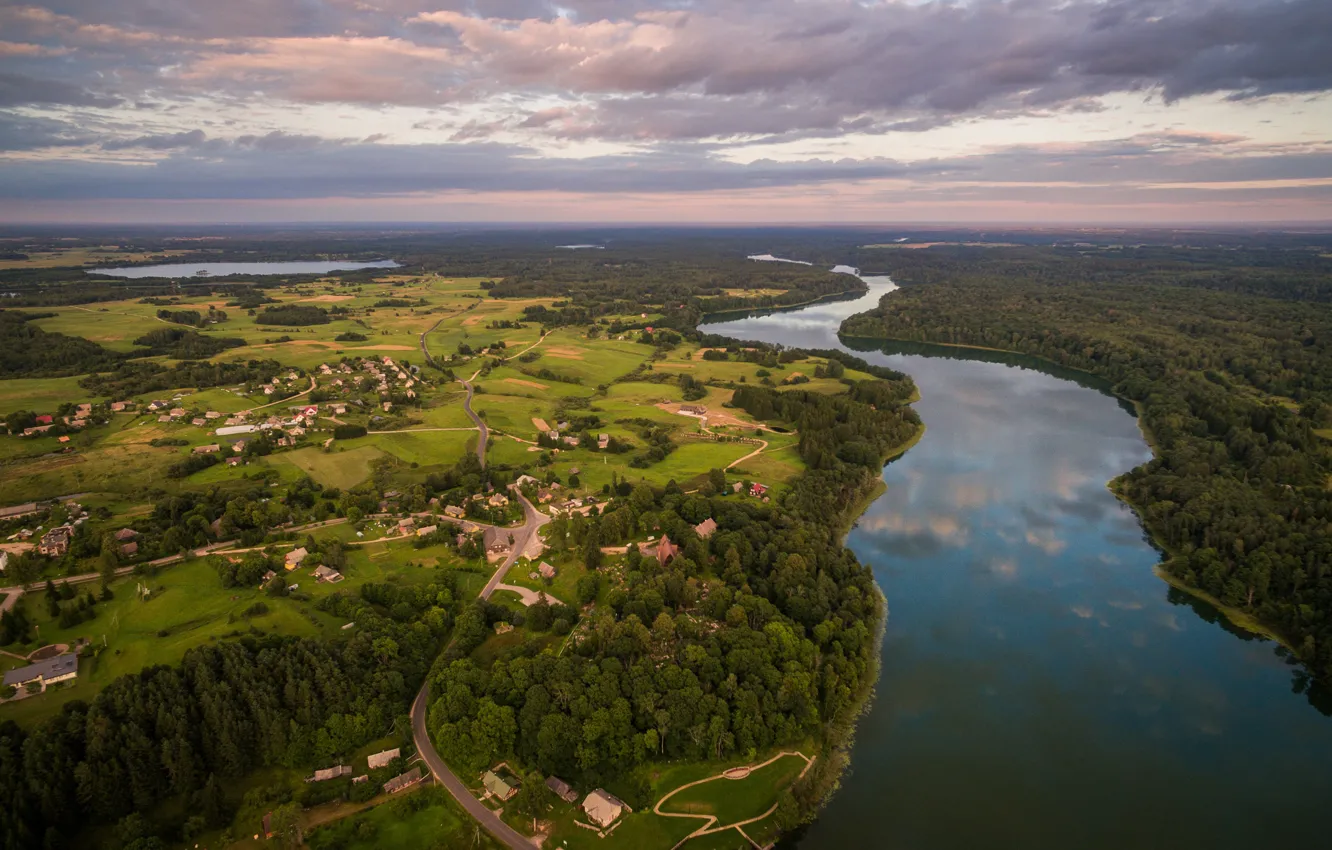 Photo wallpaper lake, panorama, town, Lithuania, lake Asveja, Dubingiai
