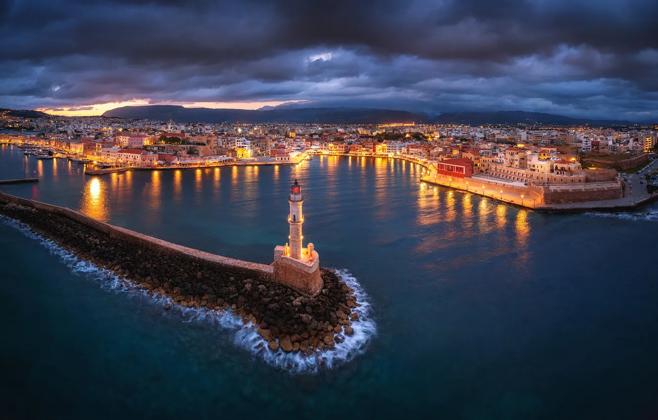 Photo wallpaper clouds, lights, island, building, the evening, Crete, Evgeni Fabis