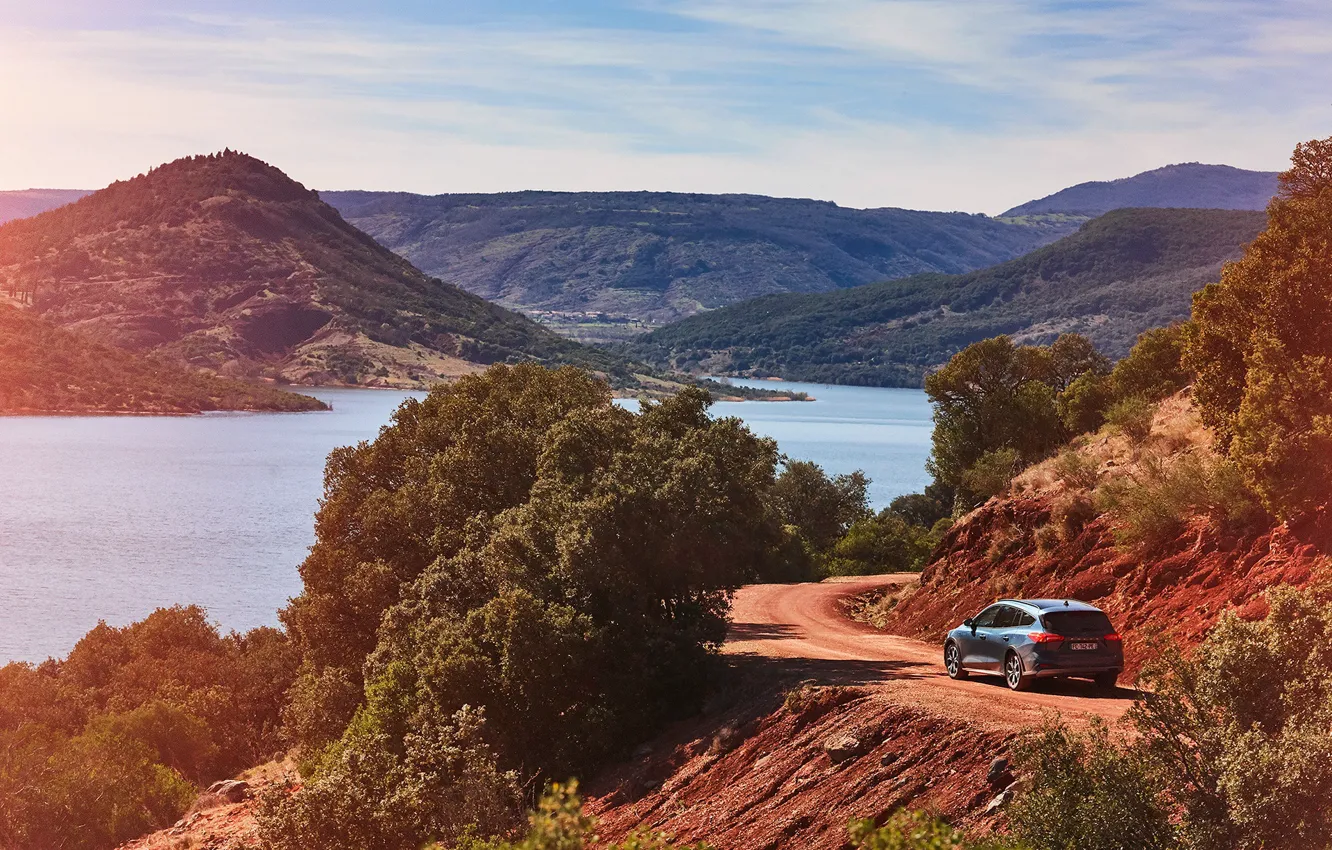 Photo wallpaper mountains, transport, car, pond, Ford Focus