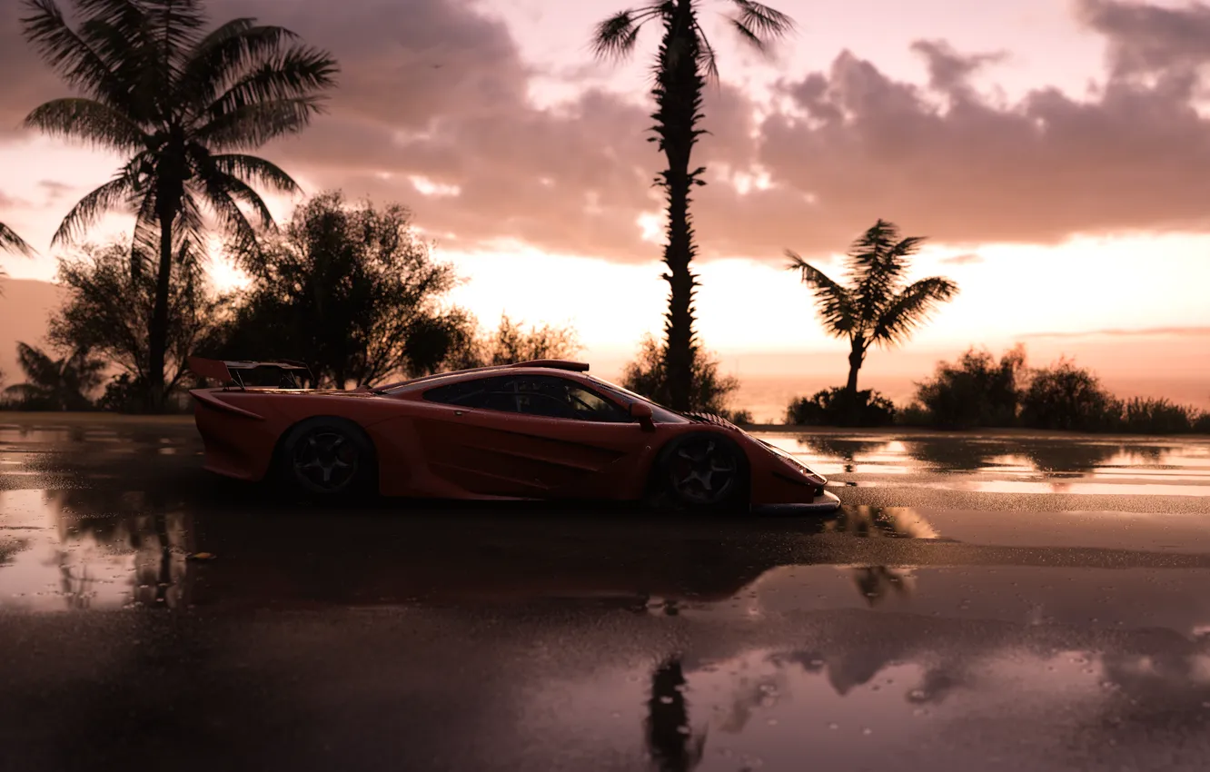 Photo wallpaper car, sky, sunset, water, clouds, palm trees, reflection, McLaren F1