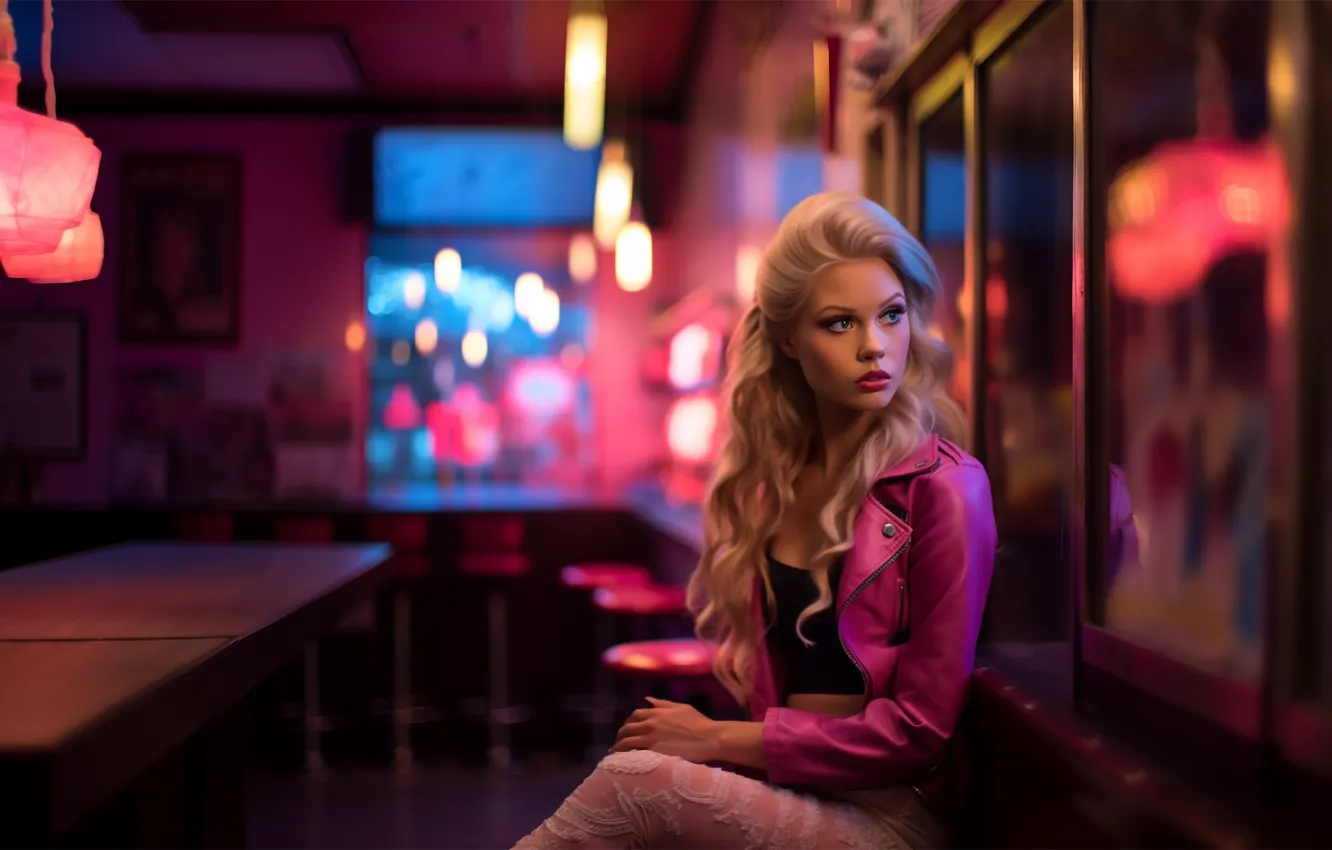 Photo wallpaper look, girl, style, table, lamp, bar, hairstyle, blonde