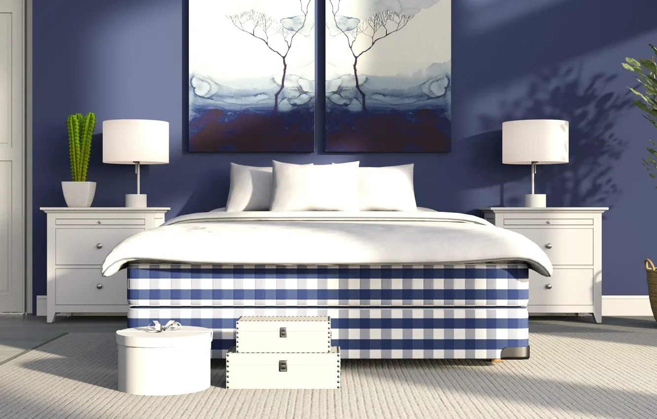 Photo wallpaper bed, interior, White, Lamp, pictures, bedroom