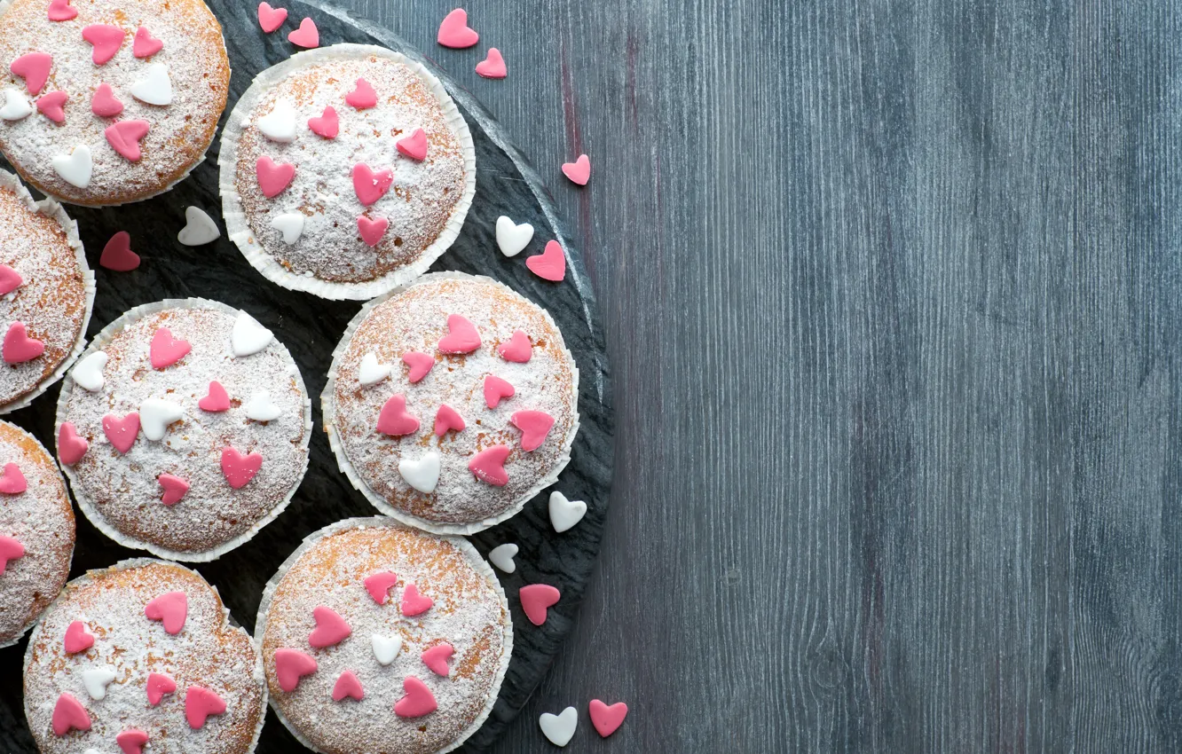 Photo wallpaper hearts, cupcakes, powdered sugar, Anya Ivanova