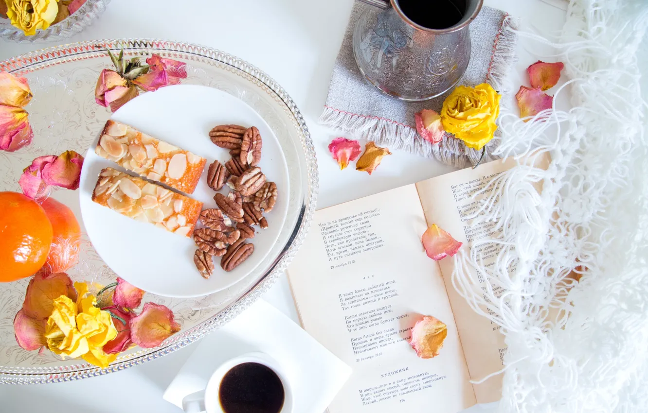 Photo wallpaper rose, coffee, petals, book, nuts, shawl, Turk, poetry