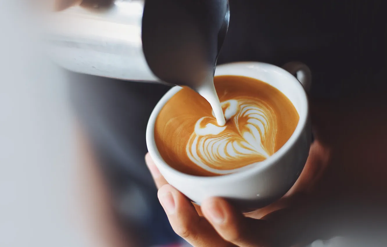 Photo wallpaper foam, coffee, hands, milk, cappuccino