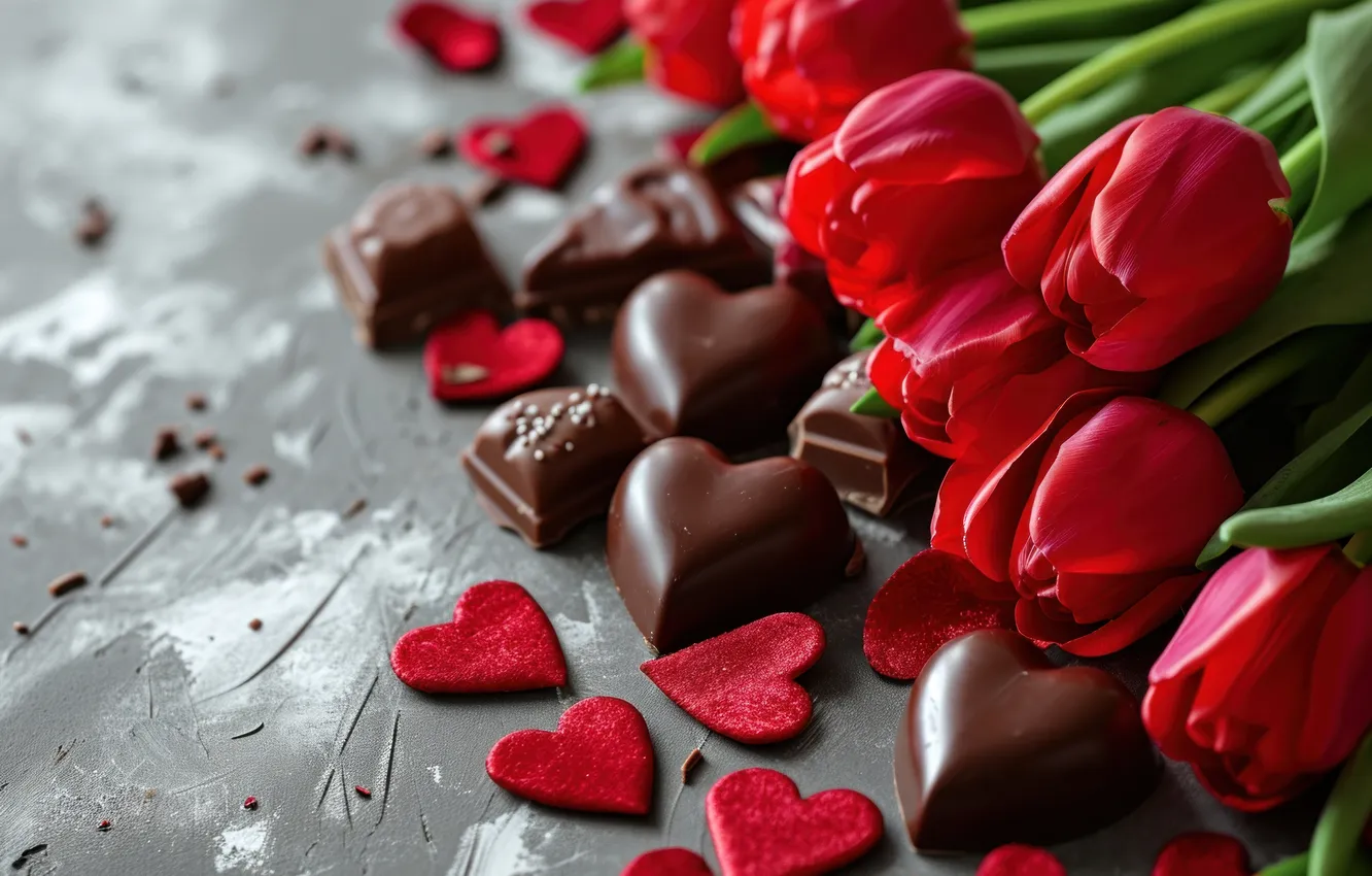 Photo wallpaper love, flowers, gift, romance, heart, tulips, red, love