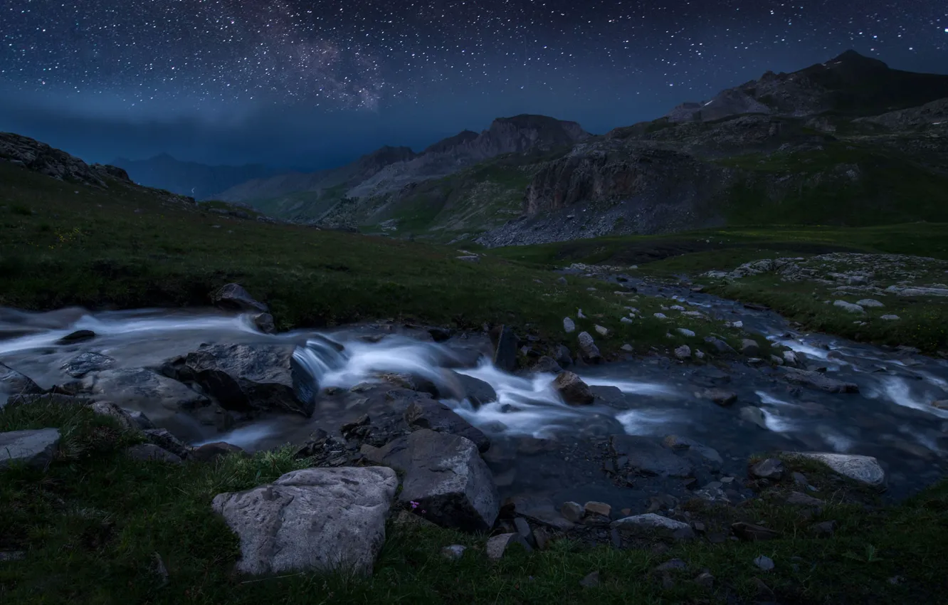Photo wallpaper stars, mountains, night, river, stream, stones, France, The Mercantour national Park