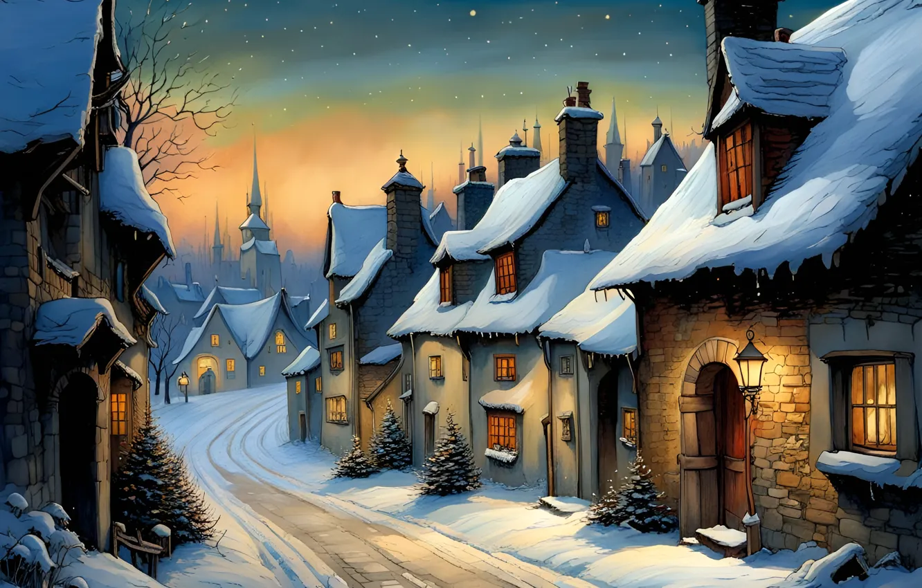 Photo wallpaper winter, road, roof, the sky, light, snow, night, branches