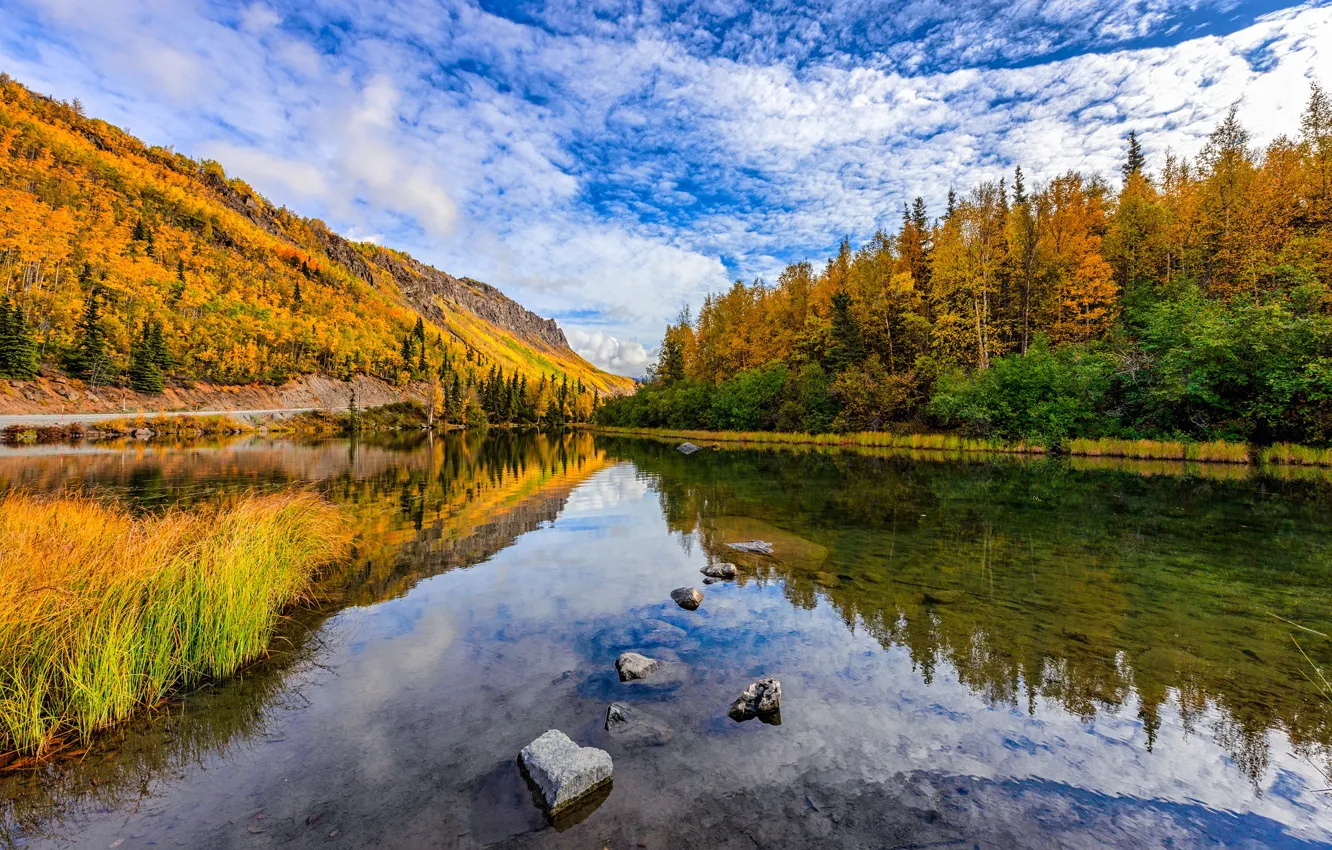 Photo wallpaper autumn, forest, the sky, clouds, mountains, lake, reflection, blue