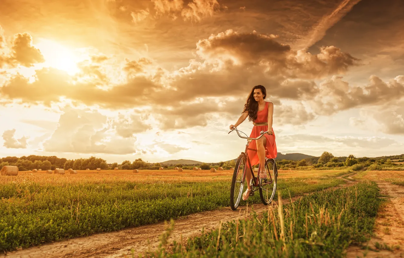 Photo wallpaper road, field, the sky, girl, clouds, bike, hay, walk
