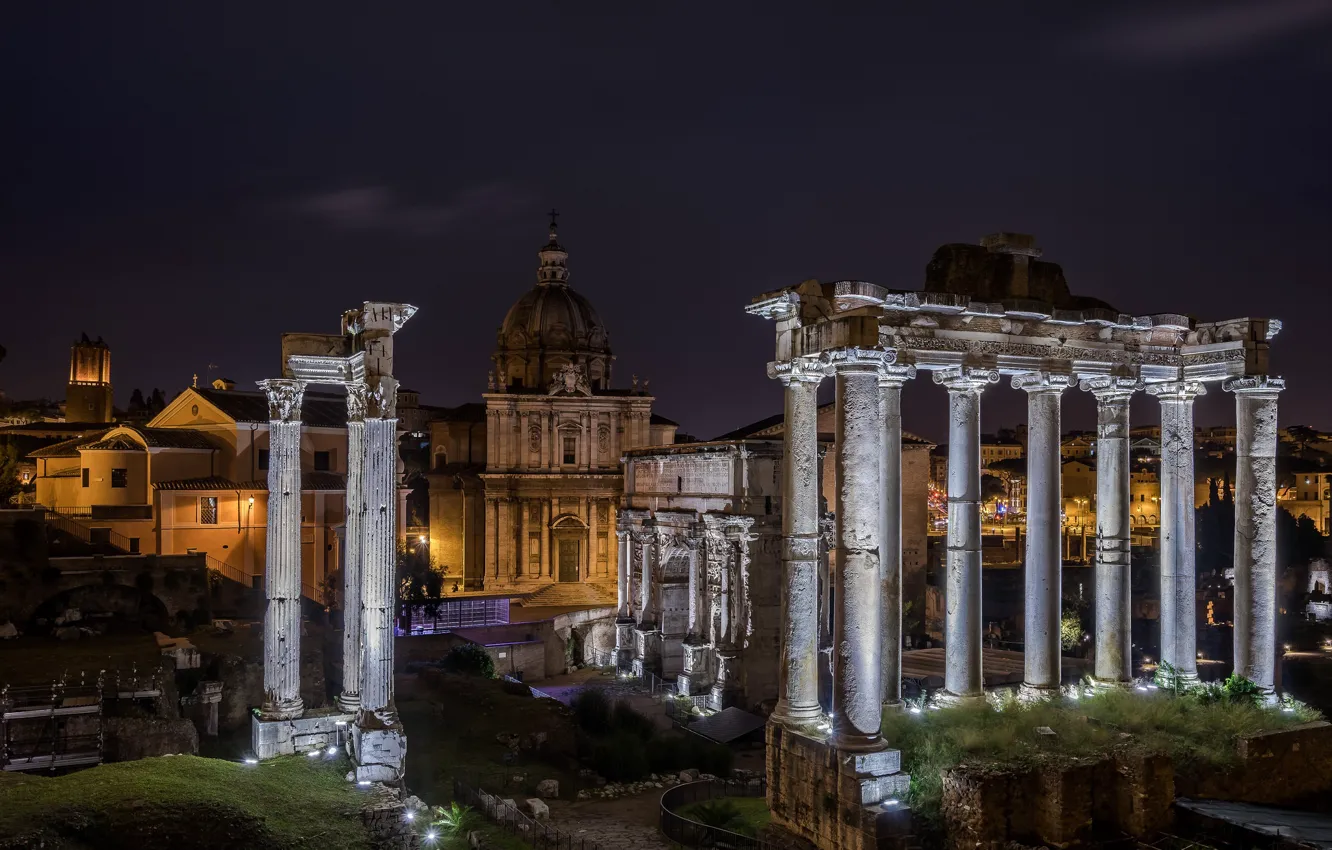 Photo wallpaper night, lights, Rome, Italy, columns, ruins, Forum, architeccture