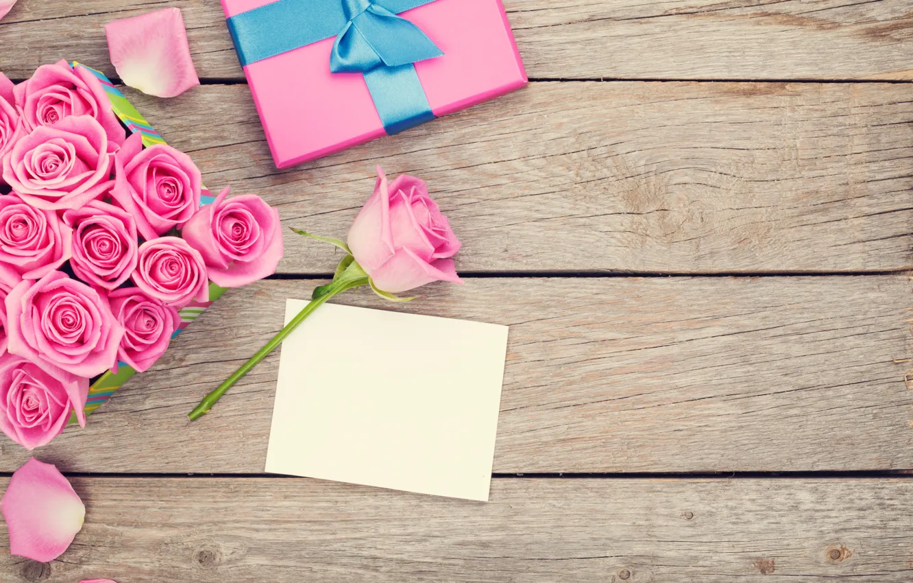 Photo wallpaper roses, love, wood, pink, romantic, sweet, gift, petals