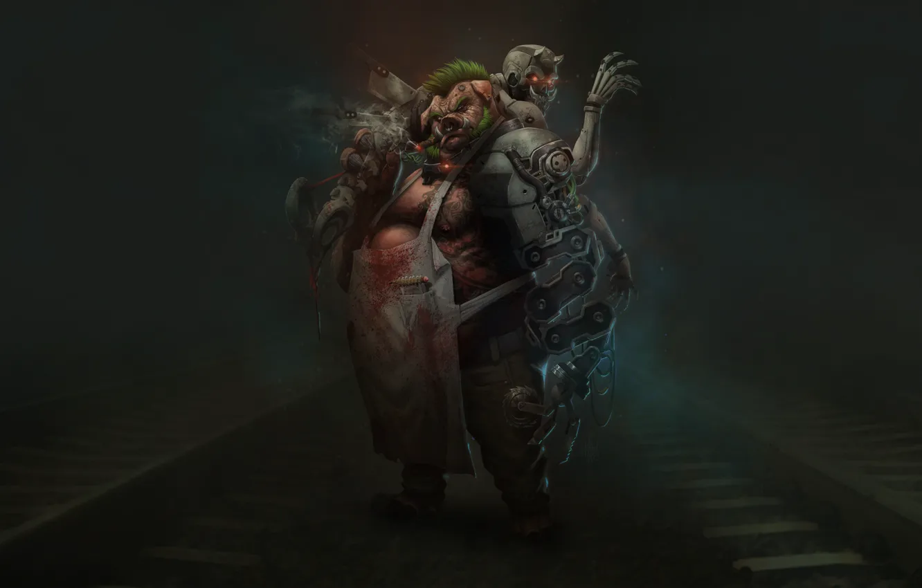 Photo wallpaper fog, fiction, animal, punk, robot, railroad, fur, boar