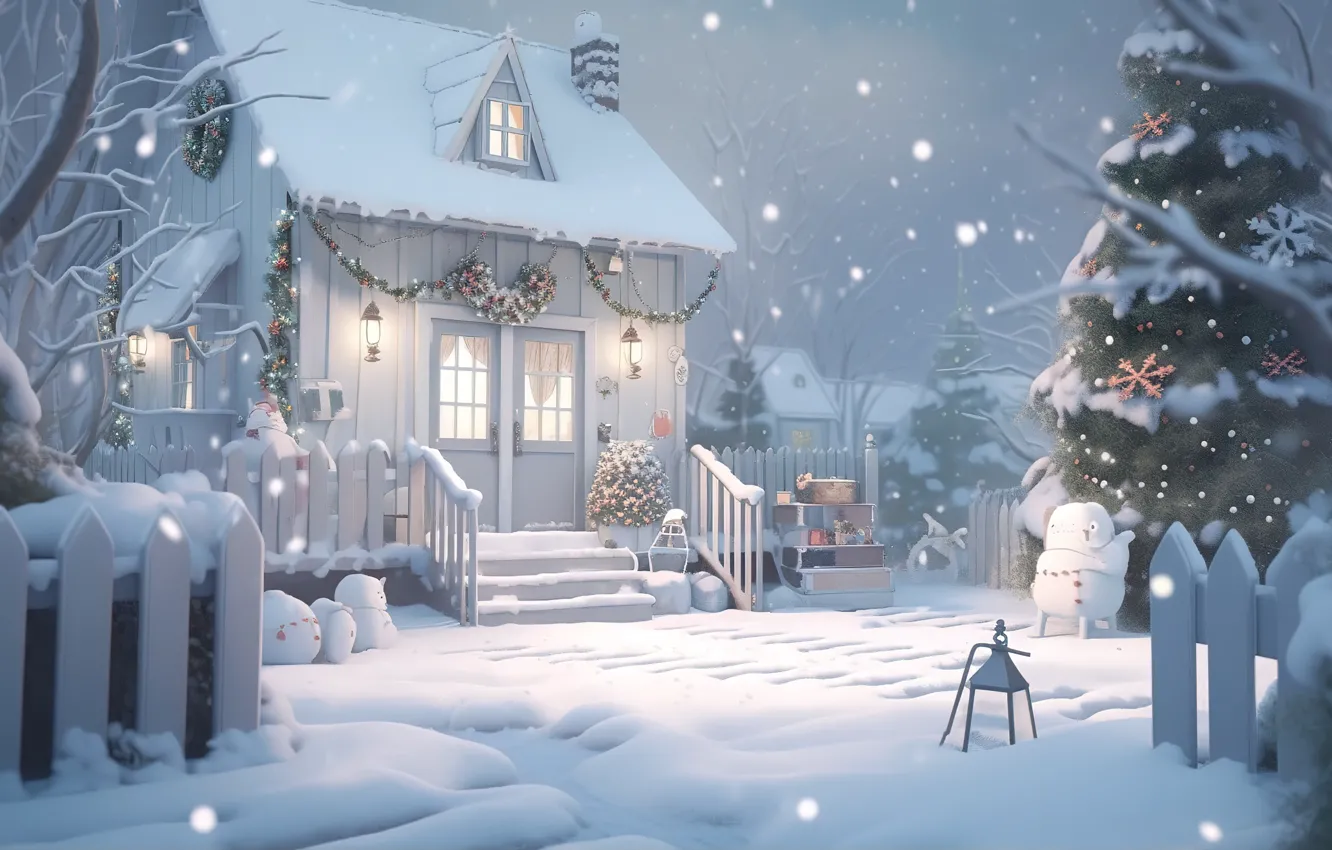 Photo wallpaper winter, snow, night, lights, new year, frost, Christmas, hut