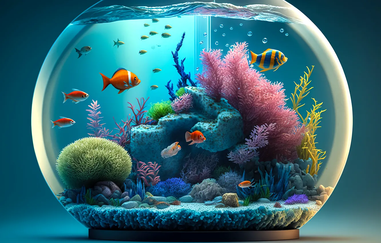 Photo wallpaper fish, aquarium, colorful, corals, glass, blue, water, fish