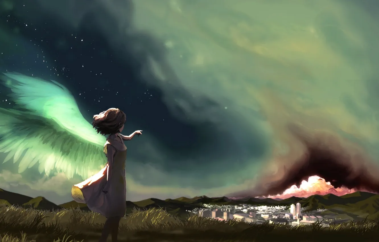 Photo wallpaper the sky, girl, stars, the city, wings, anime, art, akio-tank