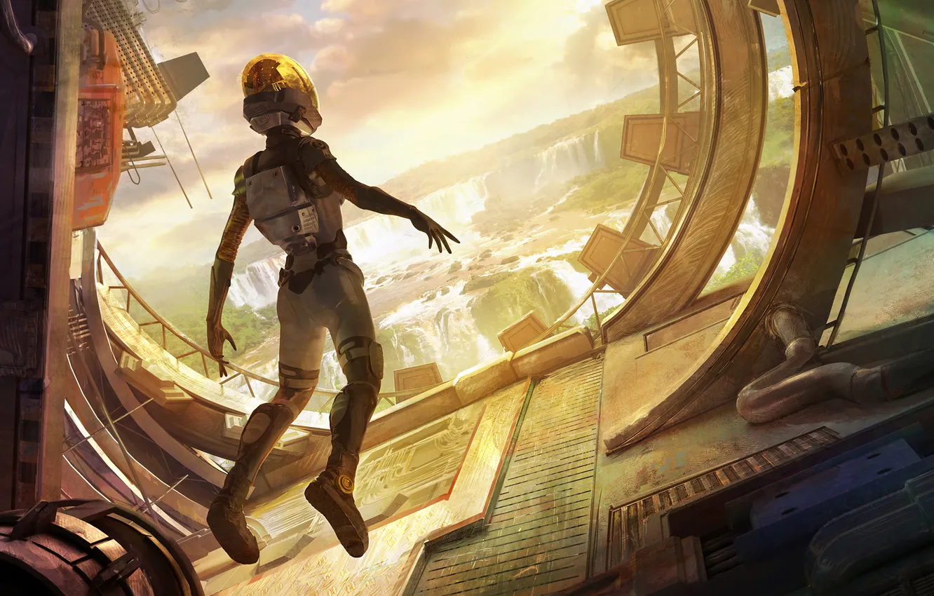 Photo wallpaper the sky, clouds, landscape, people, ship, waterfall, the suit, art