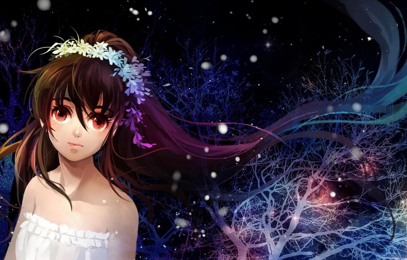 Photo wallpaper girl, trees, flowers, anime, art, wreath, huazha01