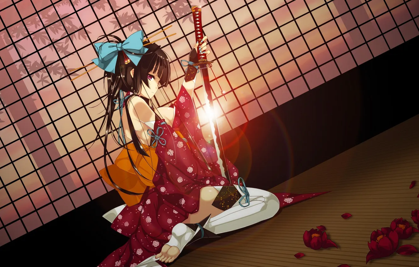 Photo wallpaper sunset, weapons, sword, katana, window, art, kimono, dewushka