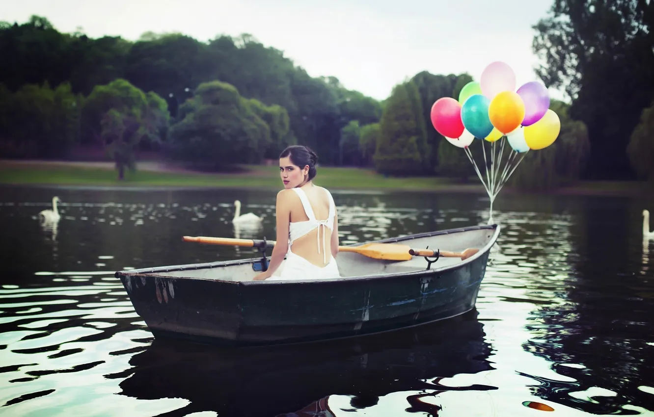 Photo wallpaper look, girl, lake, balloons, boat, swans