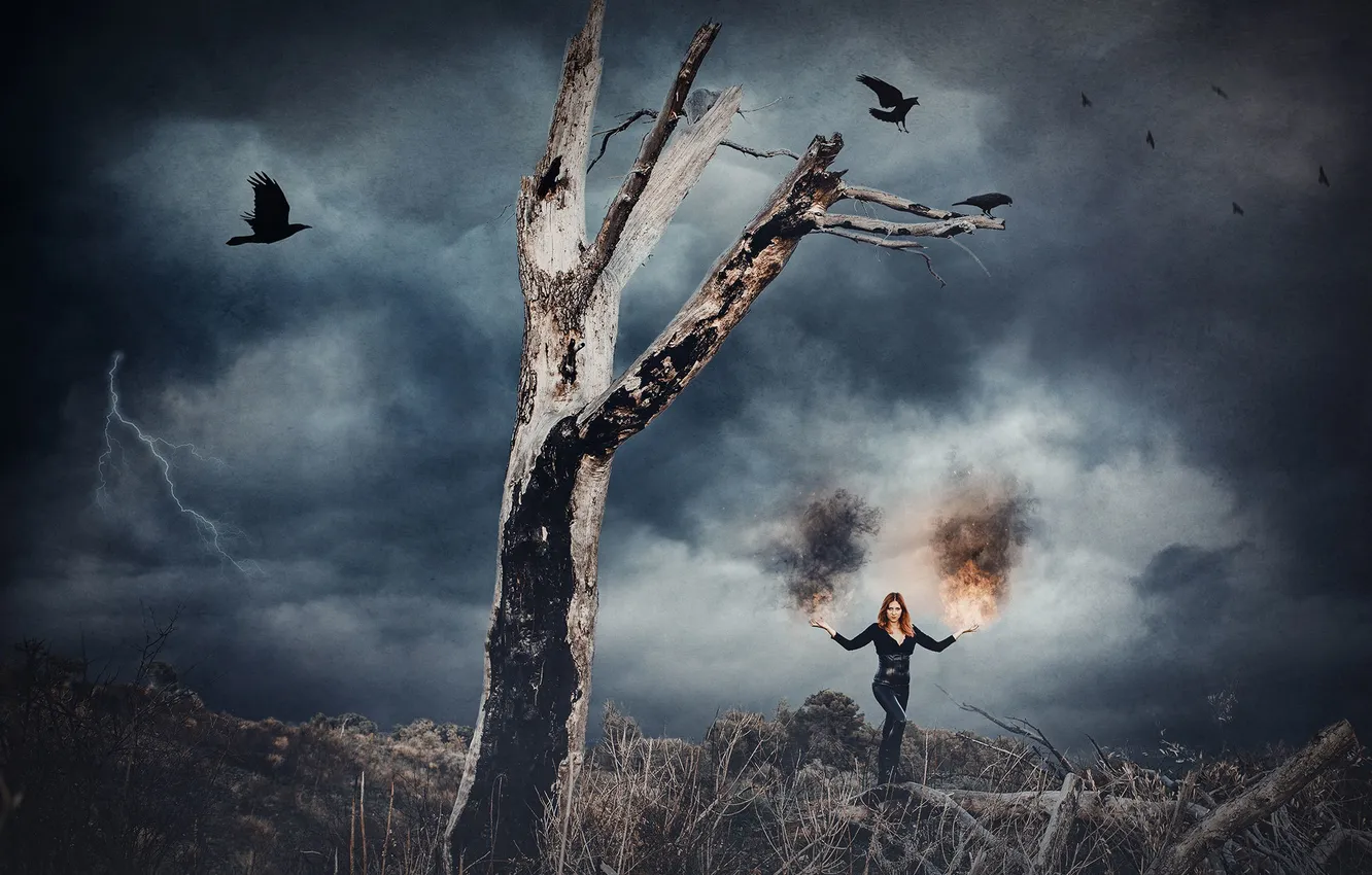 Photo wallpaper girl, birds, tree, fire, lightning